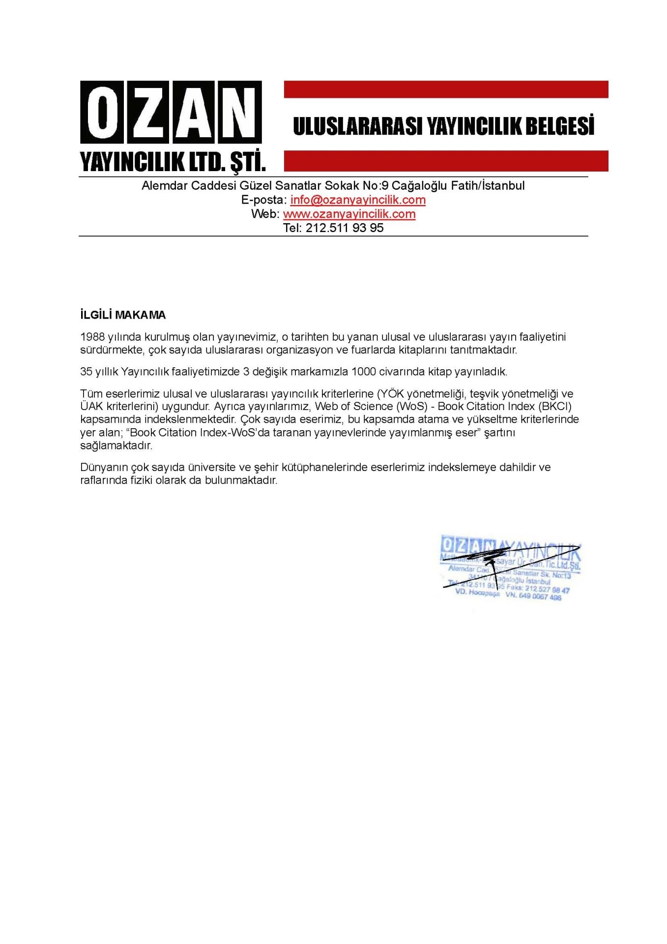 Uluslararası Yayıncılık Belgesi